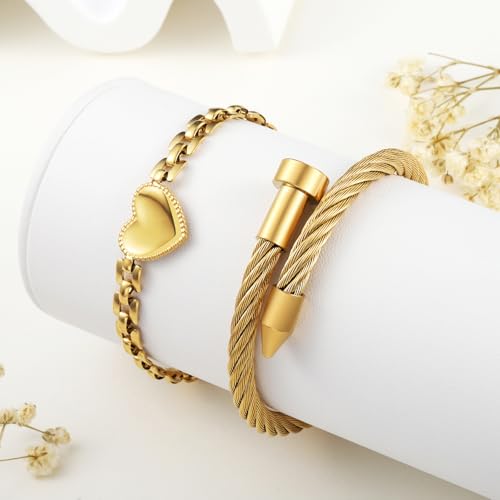 Save on 2PCS 18K Gold Plated Bangle & Chain Bracelet Set for Women