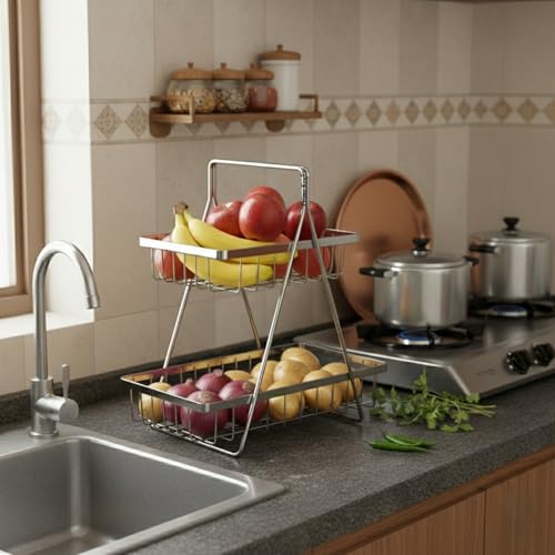Image of 2 Tier Metal Fruit and Vegetables Basket with Handle | Fruit Vegetables Snacks and Bread Organizer for Kitchen, Dining Table, Livingroom | Bathroom Countertop Stand (Design 2 - Silver)