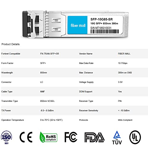 Image of FiberMall SFP 10G SR for Fortinet Network Fn-Tran-SFP+SR Fiber Optic Transceiver Module 10GBASE-SR SFP+ 850nm 300m MMF LC DOM