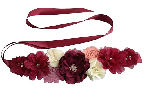 Maternity Flower Sash Belt Wine Red,Flower Sash for Pregnancy, Burgundy Belts Women for Dress