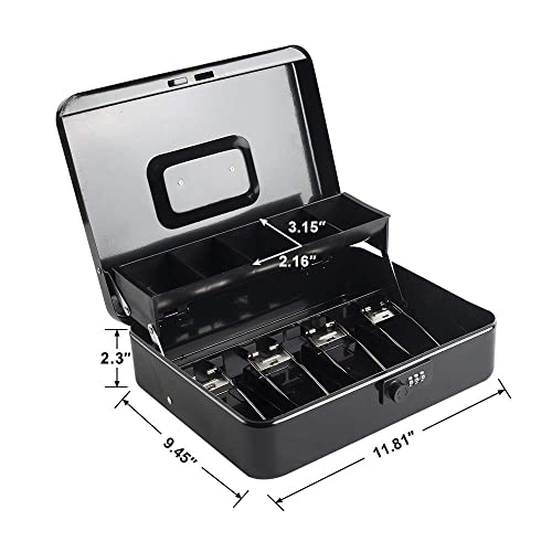 Kyodoled Cash Box With Money Tray, Combination Lock Money Safe With Security Cable And Waterproof Bag, 11.81L9.45W3.54H Inch, Black X Large #TOP4