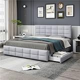 Cama De Matrimonio Tapizada 180x200 Cm con Iluminación Led, 4 Cajones, con Cabecero Y Base Regulables, con Base De Madera Maciza, para Dormitorios Y Habitaciones De Invitados(Color:Gris)