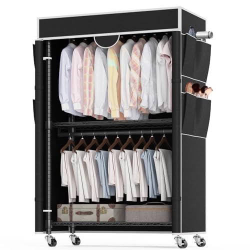 Portant à Vêtements 3 Niveaux avec Housse Portant à Vêtements Robuste sur Roulettes avec Hauteur Réglable, Rail en Métal Stable avec 2 Barres de...