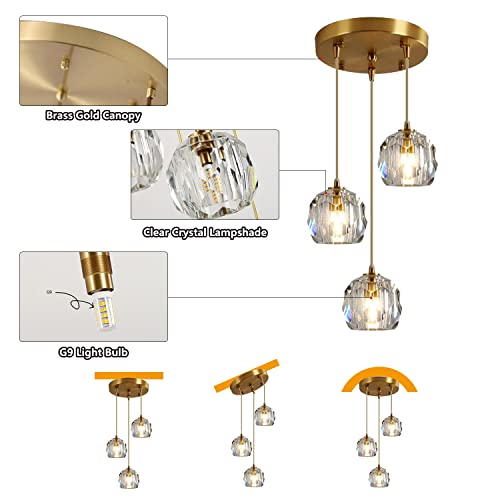 Flyrose FP2030G-A 3-Light Cluster Pendant Lighting Crystal Chandelier Gold Hanging Pendant Light Fixture Mid Century Modern Multi Light Pendant Lighting thumb #6