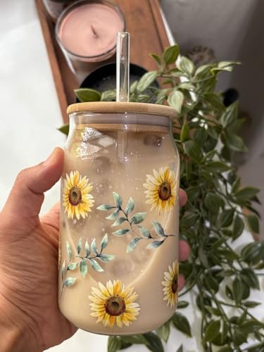 Image of THE UMBRELLA STORE Glass Tumbler Bamboo Lid and Straw, Coffee Tumbler, Reusable Glass (Sunflower)