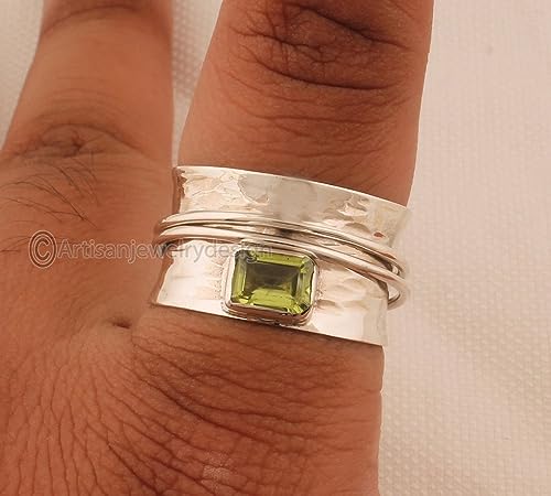 Peridot Spinner Ring, 925 Silver Jewelry, Handmade Spinner Women, Minimalist Spinner Ring, Fidget Silver Ring, Green Stone Ring, Spinner Ring, Boho Ring Silver, Family Band Ring, Engagement Gift2