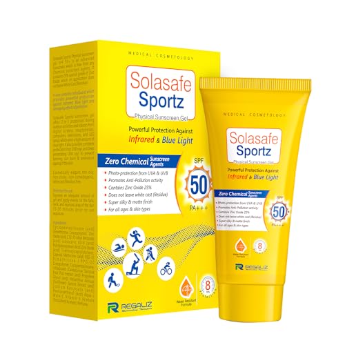 Regaliz Sunscreen For All Skin Type Sportz Physical (Zero Chemical) Sunscreen For Skin Type Gel: Advanced Spf 50+ Protection Against Uv, Blue Light And Pollution