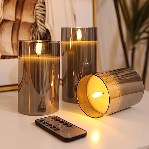 Image of LUSHARBOR LUSHABOR Flameless Candles with Remote, 3 Pack Glass Battery Operated Candles with Timer, Real Wax Glass LED Candles Flickering Wedding Home Party Christmas D3 H4 5 inch 6 inch Grey