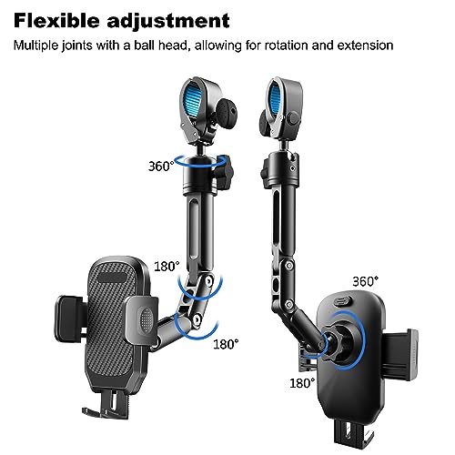 Quyee Phone Holder Car, Rear View Mirror Phone Holder - Aluminum Alloy Mount Multi-Angle Adjustment Rotatable and Retractable Compatible with All 4-7 Inch iPhone and Android Cell Phones