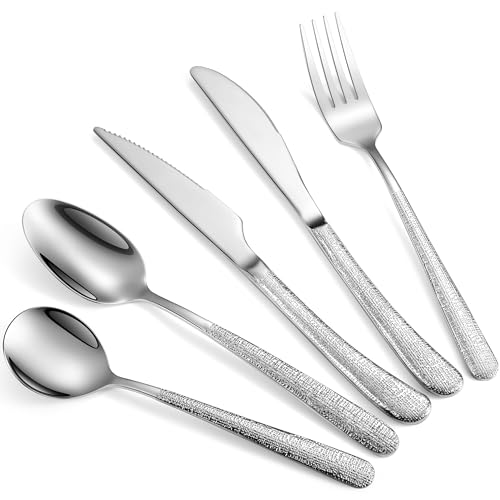 INKULEER Silver Flatware Set, 18/10 Stainless Steel 20 Piece/Household Stainless Steel Set/Upgraded Knife, Spoon, Fork Mirror Polished, Dishwasher Safe (20 Pieces - Hammered)