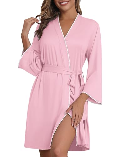 Image of Ekouaer Robes for Women Knee Length Kimono Bathrobe 3/4 Sleeve Sleep Robe Cozy Sleepwear with Pockets S-XXL