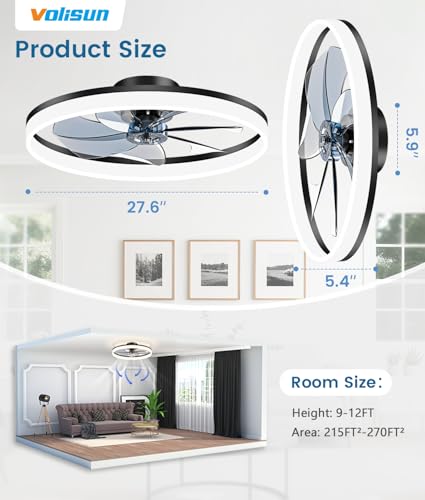 Image of VOLISUN Low Profile Ceiling Fans with Lights and Remote, 27.6in Fandelier Ceiling Fan Flush Mount, 3000K-6500K Smart Bladeless LED Fan Light, Black Modern Ceiling Fans with Lights for Bedroom