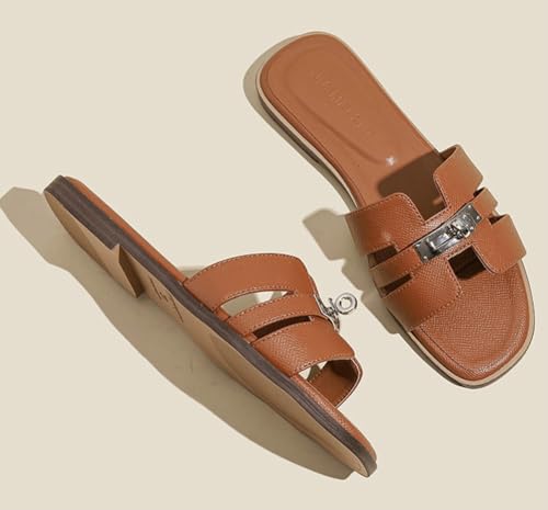 Women's Flat Sandals Casual Slip On H-Band Slippers for Women Leather Dressy Square Open Toe Summer Beach Vacations Slides Sandals3