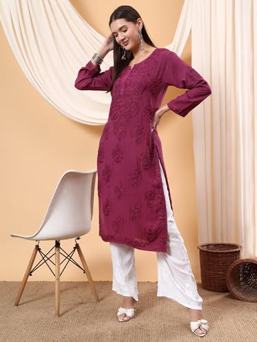 Image of POSHAK CHIKAN STUDIO Women's Hand Embroidered Lucknowi Chikankari Modal Straight Long Kurta, heer