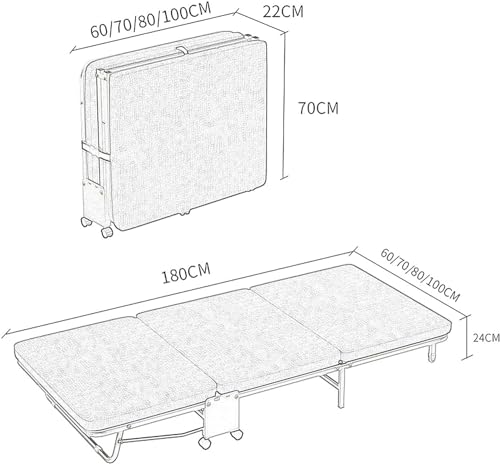 Ficha técnica Cama Plegable para Adultos con colchón y ruedas bloqueables para Oficina en casa 180 80 24 cm - Fernando Cortés