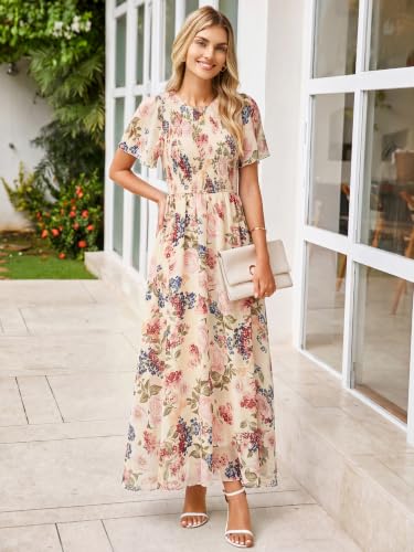 Image of Simplee Womens Casual Floral Summer Maxi Dress 2026 Boho Flowy Short Sleeve Crew Neck Vacation Smocked Chiffon Dresses