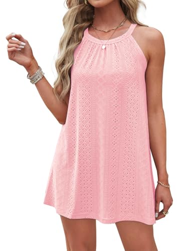 DUOEASE Neckholder Strandkleider Damen 2025 Knielang Sommerkleid Ärmelloses Bikini Cover Ups(Hellrosa,2XL)