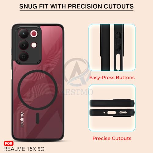 Image of AESTMO Realme 15X / C85 / Narzo 90X 5G Back Cover | 360 Protection | Crystal Clear Hard Back Transparent | Compatible with MagSafe Accessories (PC+TPU, Black Bumper)