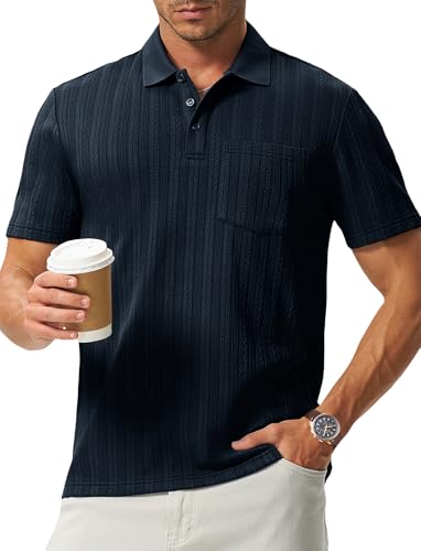 Image of TBMPOY Mens Casual Knit Polo with Pocket Textured Shirts Short Sleeve Classic Summer Vacation