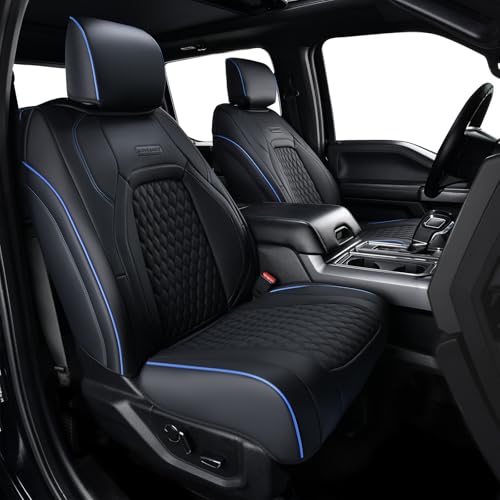 Image of Coverado Full Set Leather Car Seat Covers for F150,Waterproof Automotive Seat Covers for Cars,SUVs,Pickup Trucks,Compatible with 2015-2026 F150 SuperCrew,2017-2026 F250 F350 F450 Crew Cab, Blue Line