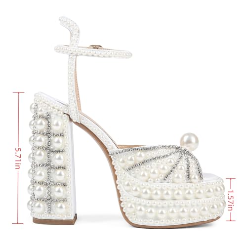 Saint Leia Women's Platform High Heels Square Open Toe Pearl Heels Buckle Rhinestones Summer Elegant Sandals3