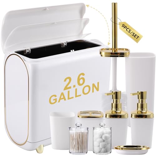 XLHOMO Bathroom Accessories Set, 9 Pieces White Bathroom Set, Bathroom Accessory Set with Slim Trash Can,Soap Dispenser,Toilet Brush,Toothbrush Set, Qtip Holders for Housewarming by XLHOMO - Used condition - US$32.46