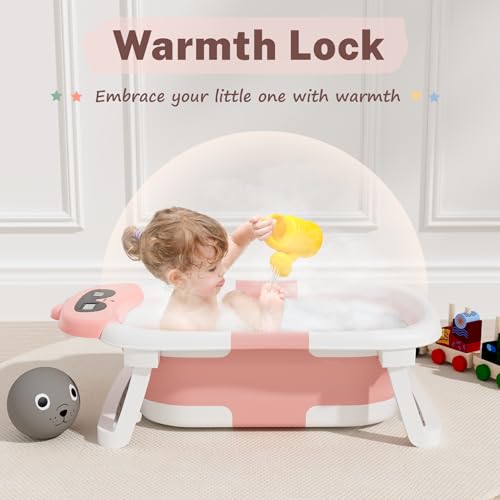 Image of AVIDOR Baby Bathtub,Collapsible Bathtub for Newborn to Toddler,Durable Essential Infant Bath Tub,Portable Travel Baby Tub with Soft Bath Net,No-Slip Feet and Dinosaur Shaped (Pink)