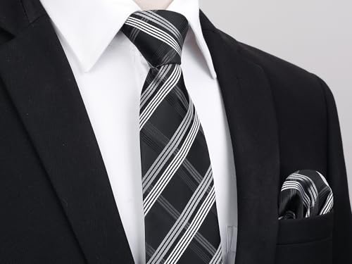 Image of HISDERN Ties for Men Stripe Plaid Tie Classic Necktie Pocket Square Cufflinks Set for Formal Wedding Business Party