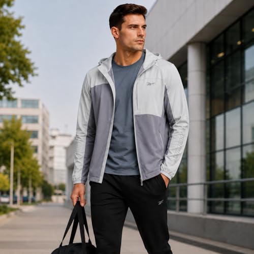 Image of Reebok Mens Softshell Jacket - Lightweight Fleece Mens Jacket with Hood - Weather Resistant Zip Up Windbreaker Coats for Men