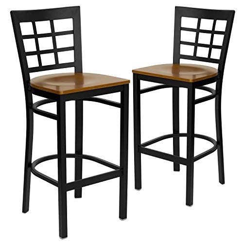 2 unidades de butaco metálico para bar con respaldo tipo ventana y asiento de madera cerezo - Negro miniatura 3
