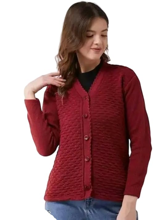 Winter Soft Knit Solid Maroon Button Closure Pullover for Women-picture-24