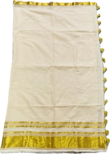 Image of Women's Mul Cotton Saree with Tassels | Soft Mulmul Saree | Woven Stripes & Zari Line | 5.5 Metres - Without Blouse