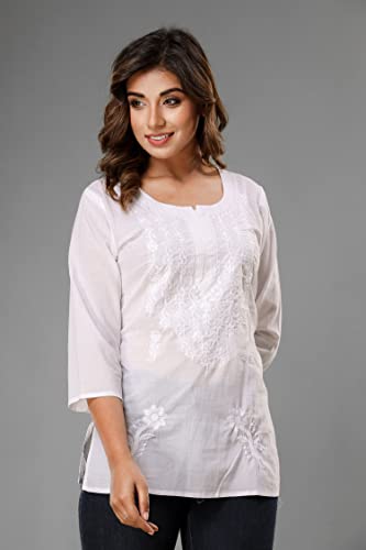 Image of Lucknowi Chikan Embroidered Short Casual White Kurti for Women