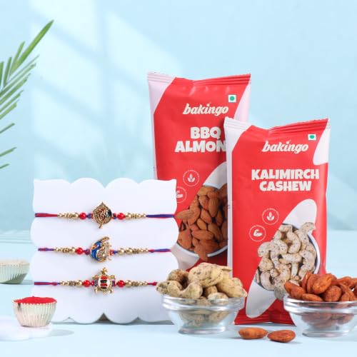 Image of FlowerAura Rakhi For Brother With Dry Fruit - Set Of 3 Stones Rakhi With Kalimirch Cashew, BBQ Almonds & Roli Chawal Tikka - Festive Hamper Gift For Brother | Bhai | Cousin | Rakshabandhan Gift