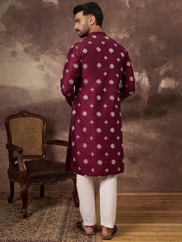 Image of Men's Solid Calf Length Silk Blend Embroidered Kurtas | Men | Kurtas for Mens | Straight Fit Kurta for Men's