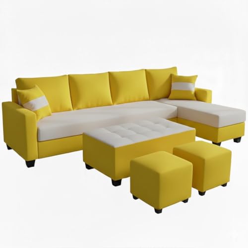 Image of CASASTYLE Adonway 8 Seater Fabric RHS L Shape Sofa Set (Light Grey-Yellow) Premium Velvet Finish | Ideal for Living Rooms
