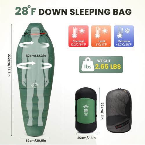 Saco de dormir momia OMVMO de plumas con 600 Fill Power, caja térmica para pies, portátil para camping todo el año miniatura 2