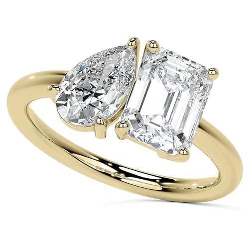1-2 Ct Pear & Emerald Stone Moi Et TOI Design Moissanite Engagement Ring 10k 14k 18k Gold & 925 Sterling Silver for Womens