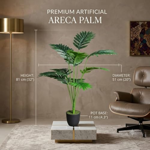 Image of SAUDEEP INDIA Artificial Areca Palm Plant 81 cm with Pot | 12 Leaves Realistic Tropical Fake Plant for Home Decor | Indoor Greenery for Living Room Office Bedroom Balcony Hotel(Export Quality)