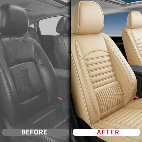 Image of Fit Acadia Car Seat Covers (Only Front 2 Seats) Compatible with GMC Acadia 2007-2024 2025 2026-Full Coverage Breathable Leather, Airbag Compatible, Waterproof & All-Weather, Beige