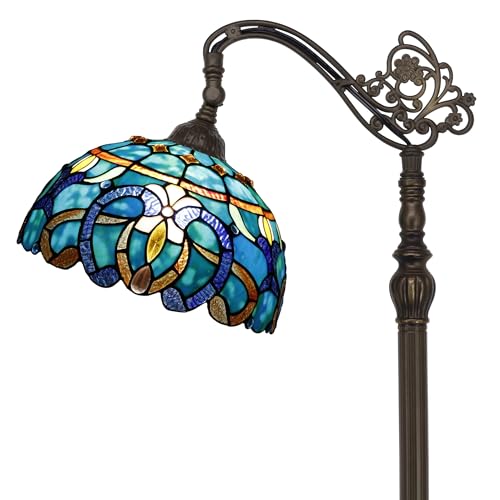 ZJART Tiffany Floor Lamp Stained Glass Lamp 18.88X12X67 Inch Angle Adjustable Arched Gooseneck Antique Reading Light (Red Green Flowers) (Green Brown Jewelry Baroque)