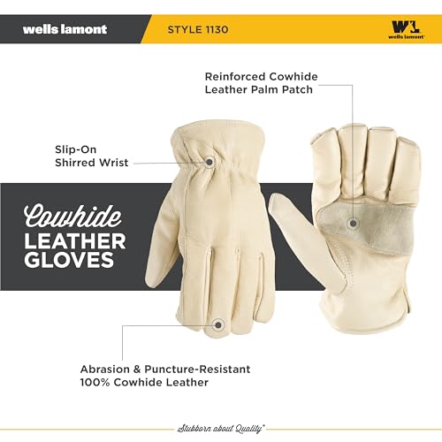 Image of Wells Lamont Leather Work Gloves for Men - Grain Cowhide, Reinforced Palm - Ideal for Construction, Farming, Ranching - Ergonomic Fit, Keystone Thumb, Elasticized Wrist - Beige, XX-Large (1130XX)