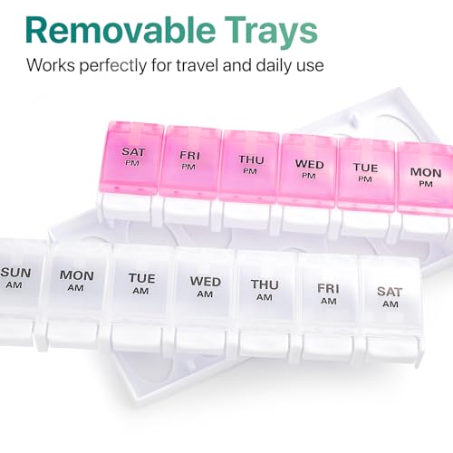 Image of Sukuos AM PM Weekly Pill Organizer 7 Day, 2 Times A Day Medicine Pill Box with Easy Push Button, BPA Free Vitamin Cases for Fish Oil /Supplements (Pink&White)