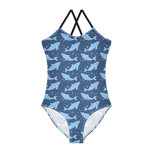 senya Girls Swimsuits One-Piece Swimwear Tie Bathing Suit Beach Summer Round Neck 7-8T Whales and Stars on Navy Pattern