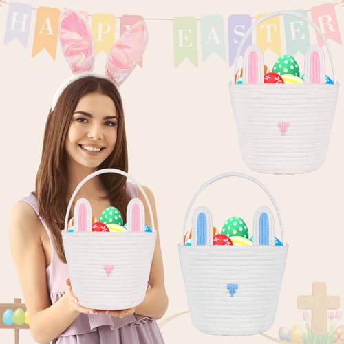 Image of QOUBAI 2 Pack Easter Baskets Woven Bunny Basket with Rabbit Ears Rope Easter Eggs Basket with Handles for Candy Gift Storage Easter Egg Hunt Party Favor Supplies