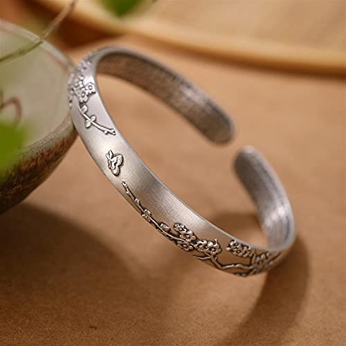 Bracelet s999 pur mat pour femme jonc ouvert rétro motif prune en argent véritable