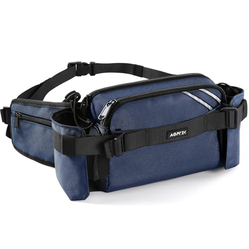 AGPTEK Bum Bag with Bottle Holder, Large Capacity Adjustable Hiking Waist Pack for Men & Women, Multi-Pocket Running Bumbag for Travel, Hiking, Cycling, Camping, Dog Walking, Outdoor Sport, Blue