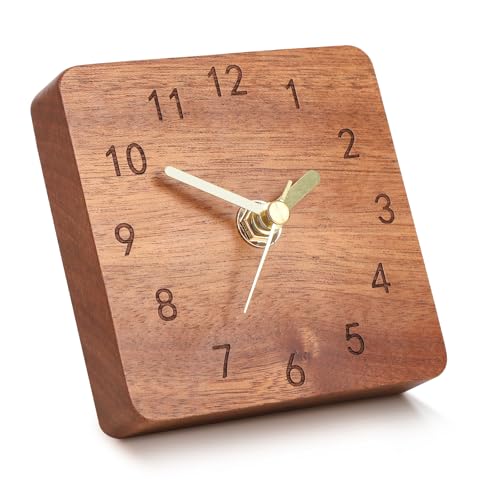 TEYCLZORE Wooden Desk Clock, 4 inch Small Analog Clock Desktop Decoration, Modern Desk and Shelf Clock, Silent Non-Ticking Battery Operated Table Clock, Mantel Clock for Office, Living Room, Bedroom