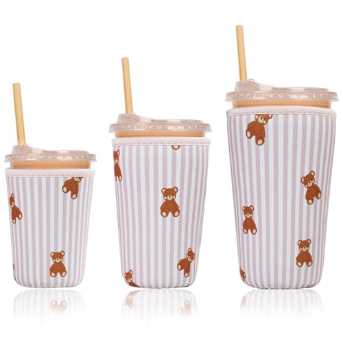 Image of Reusable Insulated Sleeve for Iced Coffee Cup, 3-Pack Coffee Neoprene Drink Sleeve for Cold & Hot Drinks, Beverage Holder for Iced Coffee (Pink Stripe Bears)