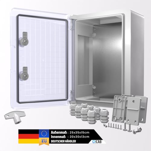 QCAB Wasserdichter Verteilerkasten IP65 Robustes ABS Kunststoffgehäuse für Außen- & Garten: Schalt- & Steckdosenkasten mit verzinkter Montageplatte & Türdichtung (25 x 35 x 15 cm (Transparent))